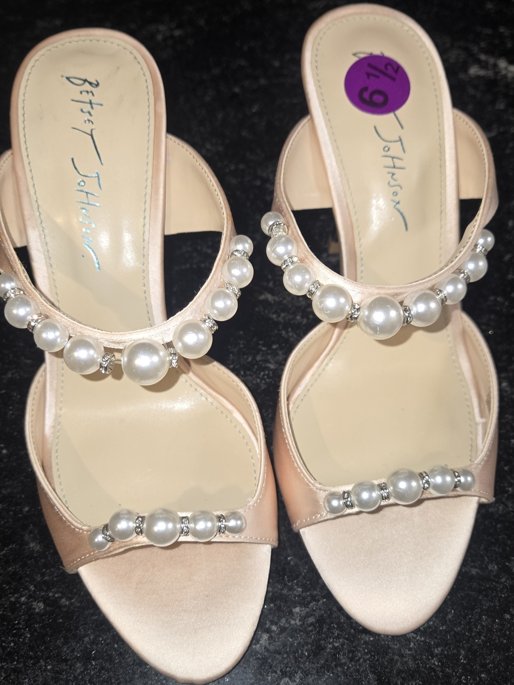 Betsey Johnson Blush Pink Pearl-Embellished Heeled Mules